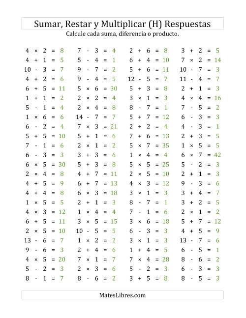 La hoja de ejercicios de 100 Preguntas Horizontales de Suma, Resta y Multiplicación (de 1 a 7) (H) Página 2