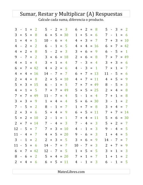 La hoja de ejercicios de 100 Preguntas Horizontales de Suma, Resta y Multiplicación (de 1 a 7) (Todas) Página 2