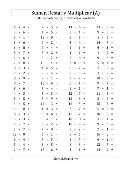 La hoja de ejercicios de 100 Preguntas Horizontales de Suma, Resta y Multiplicación (de 1 a 9) (A)