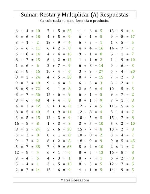 La hoja de ejercicios de 100 Preguntas Horizontales de Suma, Resta y Multiplicación (de 1 a 9) (A) Página 2