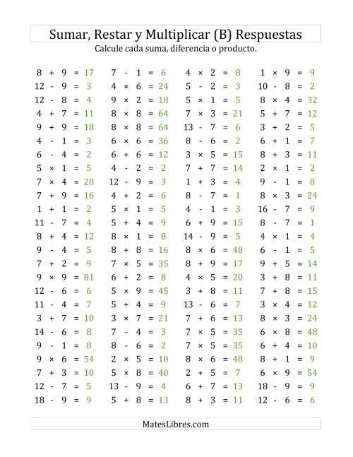La hoja de ejercicios de 100 Preguntas Horizontales de Suma, Resta y Multiplicación (de 1 a 9) (B) Página 2