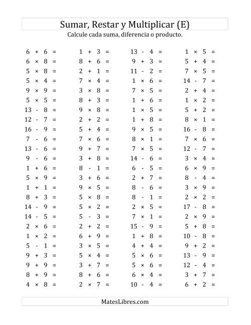 La hoja de ejercicios de 100 Preguntas Horizontales de Suma, Resta y Multiplicación (de 1 a 9) (E)