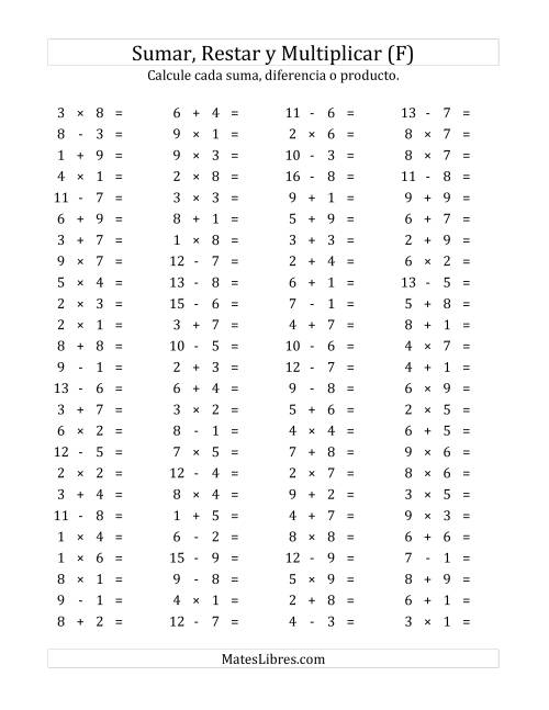 La hoja de ejercicios de 100 Preguntas Horizontales de Suma, Resta y Multiplicación (de 1 a 9) (F)