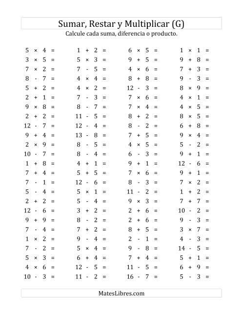 La hoja de ejercicios de 100 Preguntas Horizontales de Suma, Resta y Multiplicación (de 1 a 9) (G)