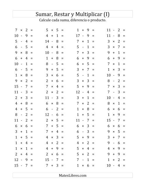 La hoja de ejercicios de 100 Preguntas Horizontales de Suma, Resta y Multiplicación (de 1 a 9) (I)
