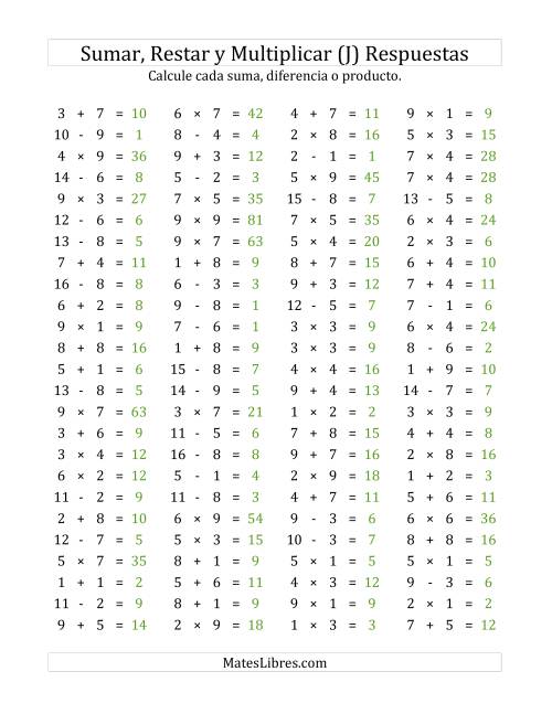 La hoja de ejercicios de 100 Preguntas Horizontales de Suma, Resta y Multiplicación (de 1 a 9) (J) Página 2