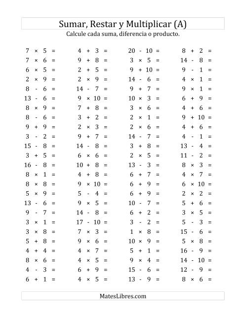 La hoja de ejercicios de 100 Preguntas Horizontales de Suma, Resta y Multiplicación (de 1 a 10) (A)
