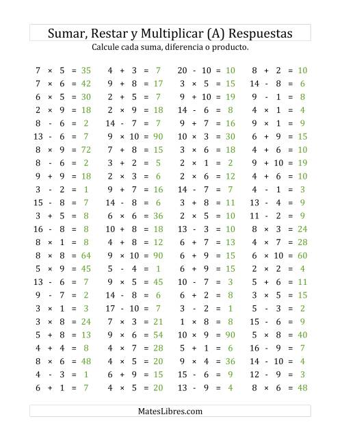 La hoja de ejercicios de 100 Preguntas Horizontales de Suma, Resta y Multiplicación (de 1 a 10) (A) Página 2