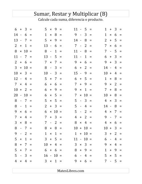 La hoja de ejercicios de 100 Preguntas Horizontales de Suma, Resta y Multiplicación (de 1 a 10) (B)