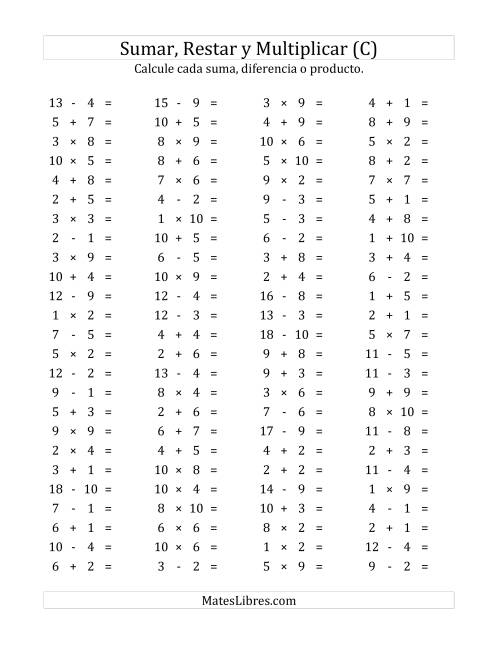 La hoja de ejercicios de 100 Preguntas Horizontales de Suma, Resta y Multiplicación (de 1 a 10) (C)