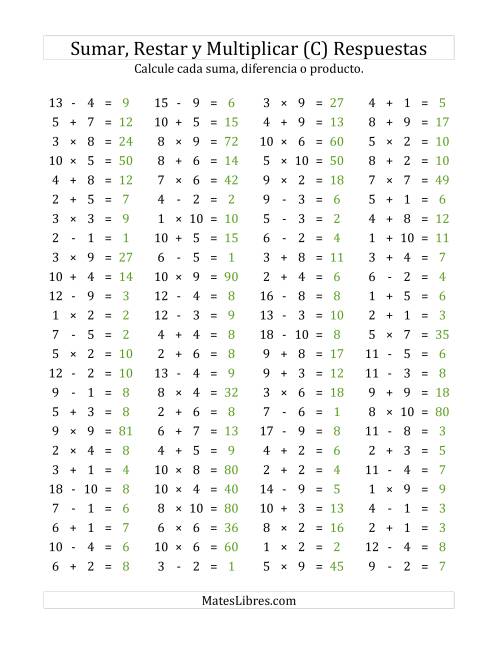 La hoja de ejercicios de 100 Preguntas Horizontales de Suma, Resta y Multiplicación (de 1 a 10) (C) Página 2