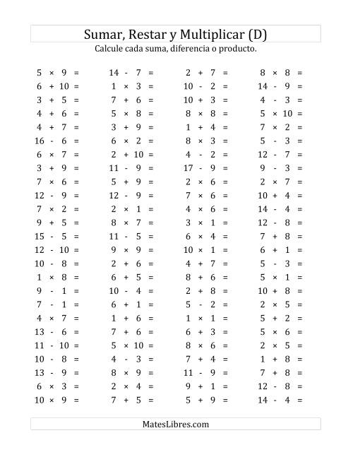 La hoja de ejercicios de 100 Preguntas Horizontales de Suma, Resta y Multiplicación (de 1 a 10) (D)