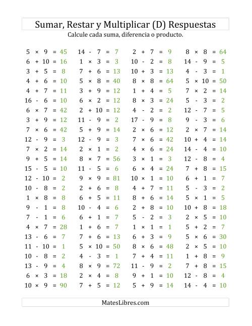 La hoja de ejercicios de 100 Preguntas Horizontales de Suma, Resta y Multiplicación (de 1 a 10) (D) Página 2