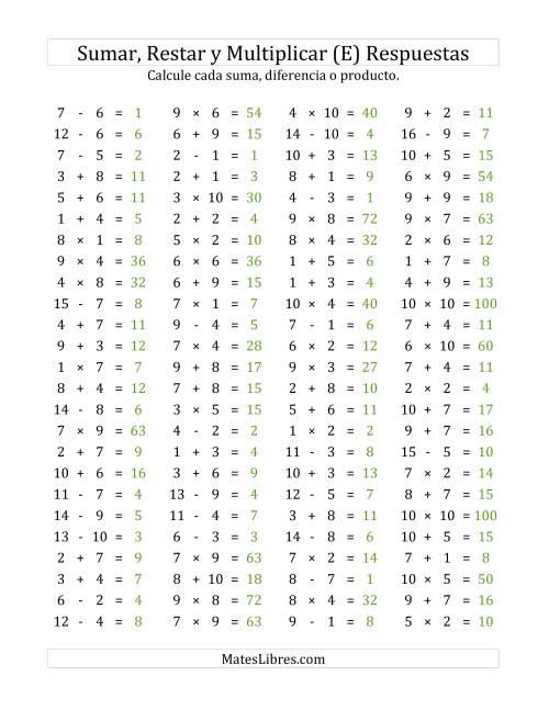 La hoja de ejercicios de 100 Preguntas Horizontales de Suma, Resta y Multiplicación (de 1 a 10) (E) Página 2