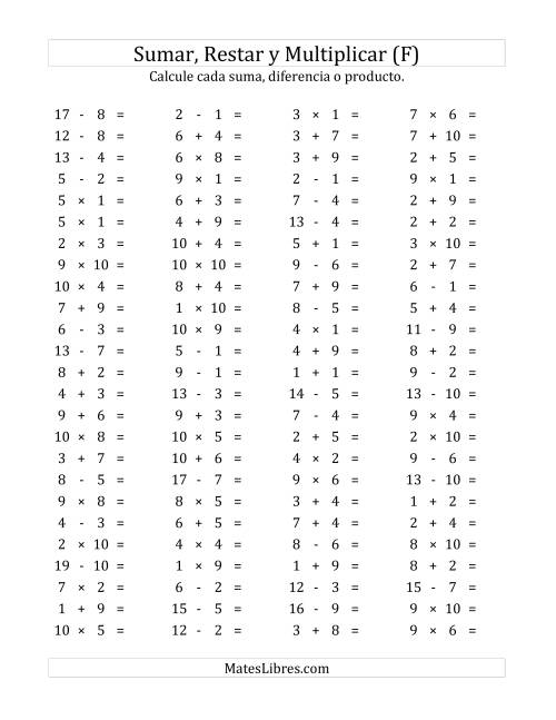 La hoja de ejercicios de 100 Preguntas Horizontales de Suma, Resta y Multiplicación (de 1 a 10) (F)