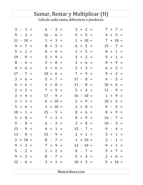 La hoja de ejercicios de 100 Preguntas Horizontales de Suma, Resta y Multiplicación (de 1 a 10) (H)