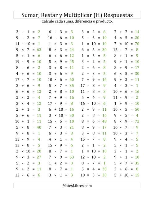 La hoja de ejercicios de 100 Preguntas Horizontales de Suma, Resta y Multiplicación (de 1 a 10) (H) Página 2