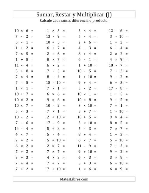 La hoja de ejercicios de 100 Preguntas Horizontales de Suma, Resta y Multiplicación (de 1 a 10) (J)