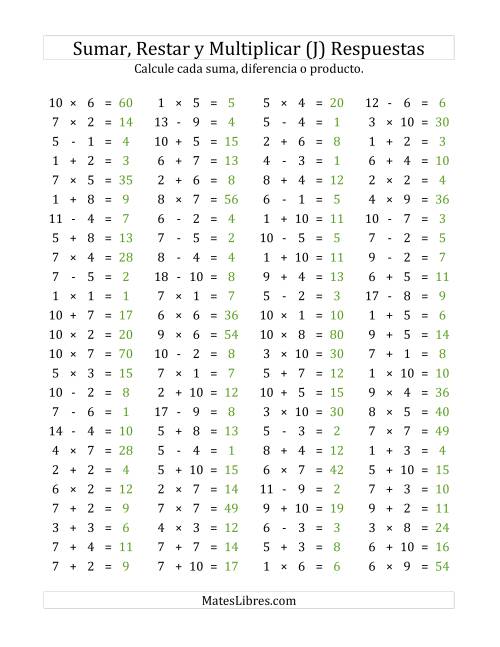 La hoja de ejercicios de 100 Preguntas Horizontales de Suma, Resta y Multiplicación (de 1 a 10) (J) Página 2