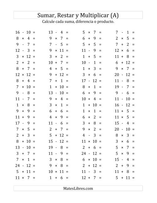 La hoja de ejercicios de 100 Preguntas Horizontales de Suma, Resta y Multiplicación (de 1 a 12) (A)