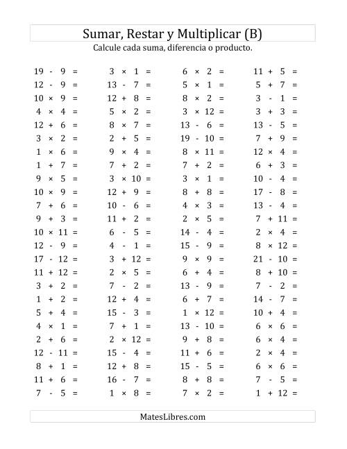 La hoja de ejercicios de 100 Preguntas Horizontales de Suma, Resta y Multiplicación (de 1 a 12) (B)