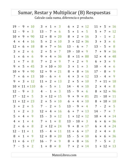 La hoja de ejercicios de 100 Preguntas Horizontales de Suma, Resta y Multiplicación (de 1 a 12) (B) Página 2