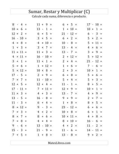 La hoja de ejercicios de 100 Preguntas Horizontales de Suma, Resta y Multiplicación (de 1 a 12) (C)