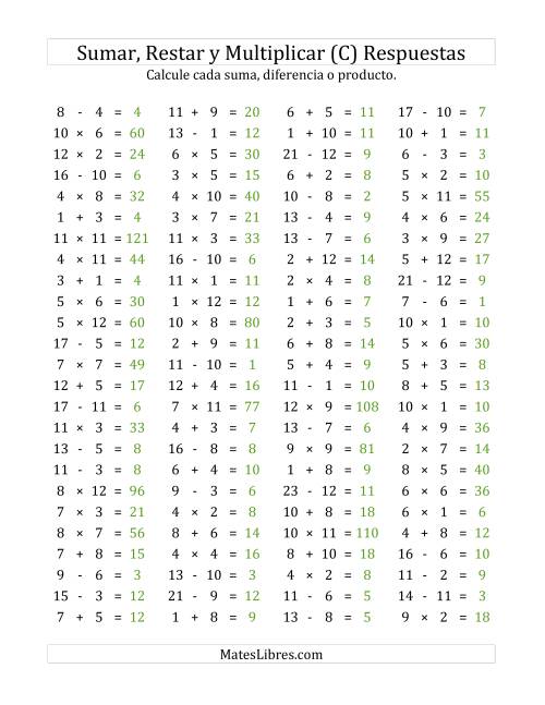 La hoja de ejercicios de 100 Preguntas Horizontales de Suma, Resta y Multiplicación (de 1 a 12) (C) Página 2