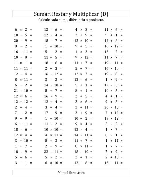 La hoja de ejercicios de 100 Preguntas Horizontales de Suma, Resta y Multiplicación (de 1 a 12) (D)