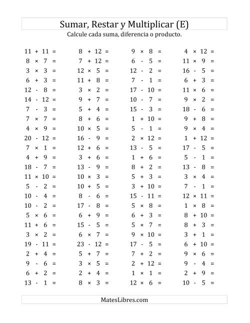 La hoja de ejercicios de 100 Preguntas Horizontales de Suma, Resta y Multiplicación (de 1 a 12) (E)