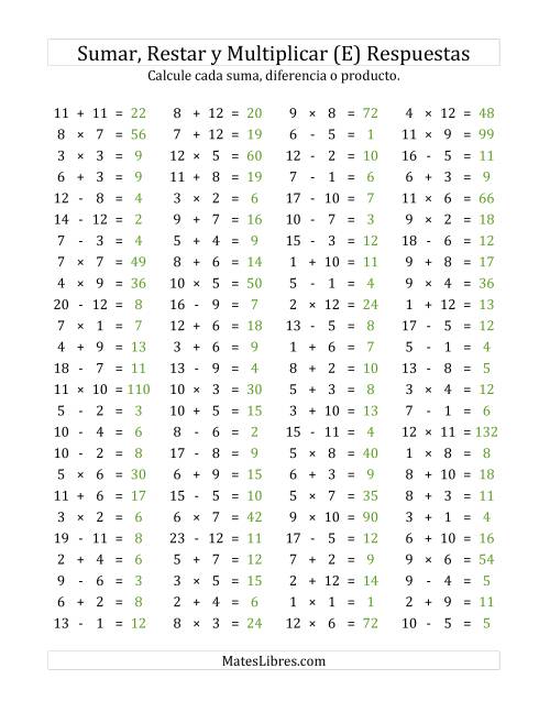 La hoja de ejercicios de 100 Preguntas Horizontales de Suma, Resta y Multiplicación (de 1 a 12) (E) Página 2