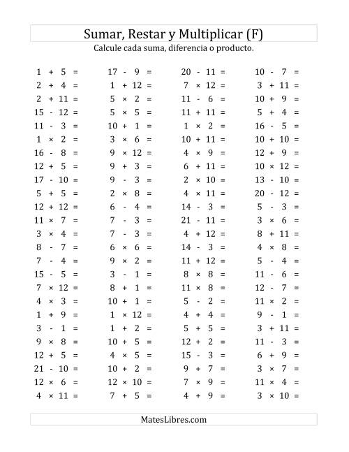 La hoja de ejercicios de 100 Preguntas Horizontales de Suma, Resta y Multiplicación (de 1 a 12) (F)