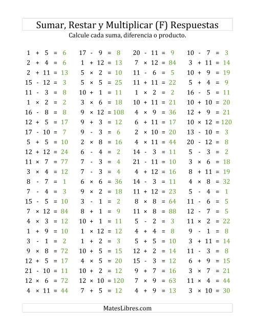La hoja de ejercicios de 100 Preguntas Horizontales de Suma, Resta y Multiplicación (de 1 a 12) (F) Página 2