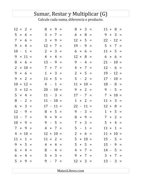 La hoja de ejercicios de 100 Preguntas Horizontales de Suma, Resta y Multiplicación (de 1 a 12) (G)