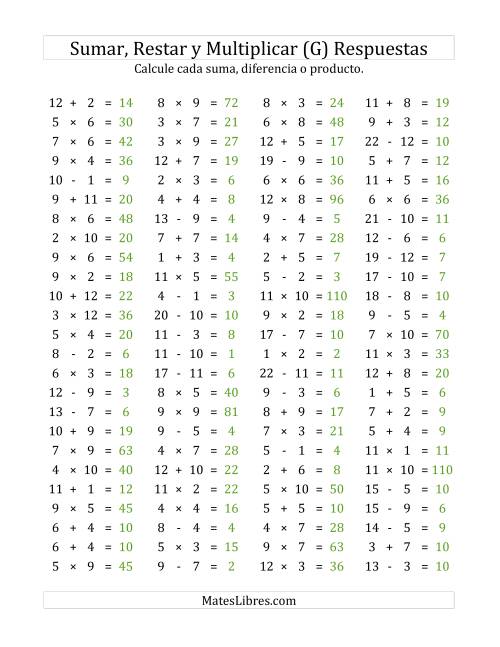 La hoja de ejercicios de 100 Preguntas Horizontales de Suma, Resta y Multiplicación (de 1 a 12) (G) Página 2