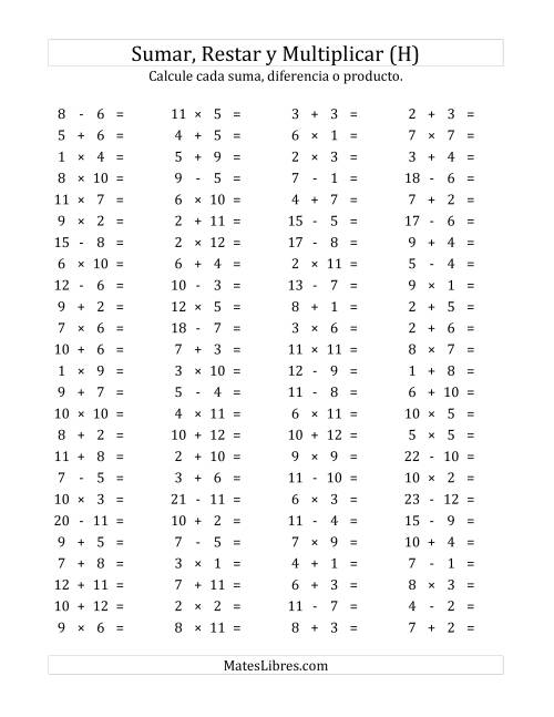 La hoja de ejercicios de 100 Preguntas Horizontales de Suma, Resta y Multiplicación (de 1 a 12) (H)