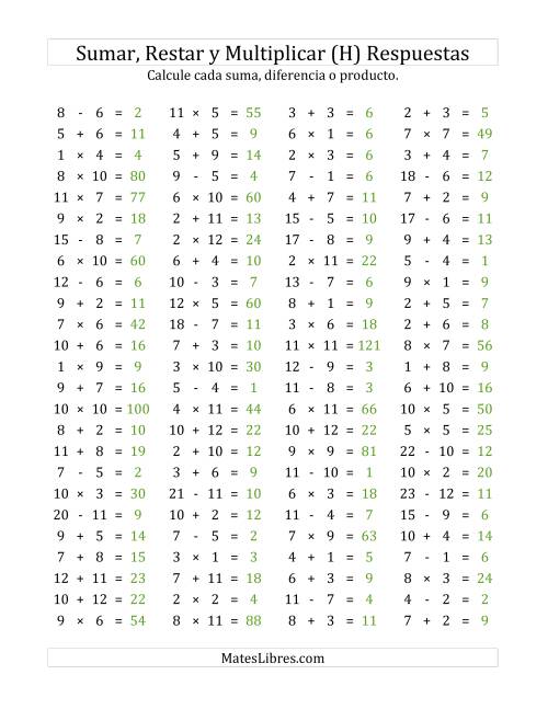 La hoja de ejercicios de 100 Preguntas Horizontales de Suma, Resta y Multiplicación (de 1 a 12) (H) Página 2