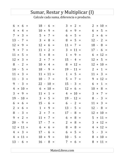 La hoja de ejercicios de 100 Preguntas Horizontales de Suma, Resta y Multiplicación (de 1 a 12) (I)