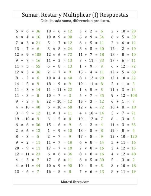 La hoja de ejercicios de 100 Preguntas Horizontales de Suma, Resta y Multiplicación (de 1 a 12) (I) Página 2
