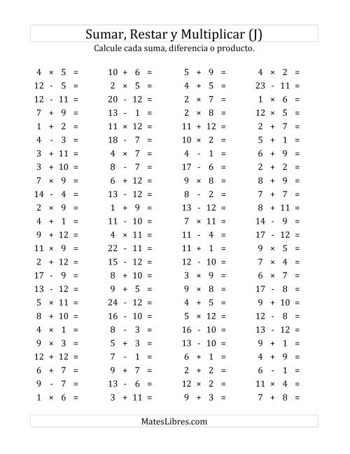 La hoja de ejercicios de 100 Preguntas Horizontales de Suma, Resta y Multiplicación (de 1 a 12) (J)