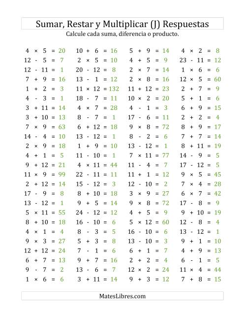 La hoja de ejercicios de 100 Preguntas Horizontales de Suma, Resta y Multiplicación (de 1 a 12) (J) Página 2