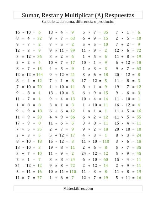 La hoja de ejercicios de 100 Preguntas Horizontales de Suma, Resta y Multiplicación (de 1 a 12) (Todas) Página 2