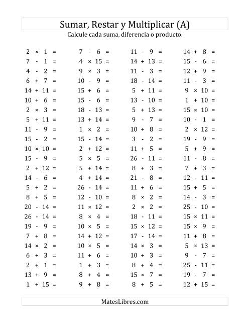 La hoja de ejercicios de 100 Preguntas Horizontales de Suma, Resta y Multiplicación (de 1 a 15) (A)