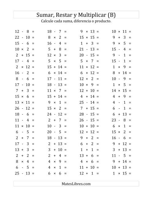 La hoja de ejercicios de 100 Preguntas Horizontales de Suma, Resta y Multiplicación (de 1 a 15) (B)