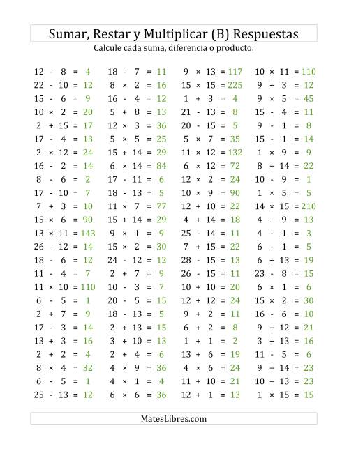 La hoja de ejercicios de 100 Preguntas Horizontales de Suma, Resta y Multiplicación (de 1 a 15) (B) Página 2