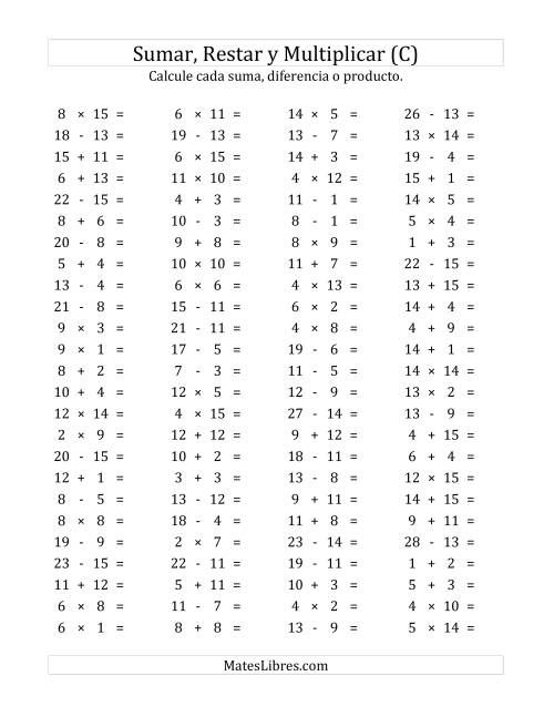 La hoja de ejercicios de 100 Preguntas Horizontales de Suma, Resta y Multiplicación (de 1 a 15) (C)