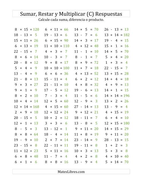 La hoja de ejercicios de 100 Preguntas Horizontales de Suma, Resta y Multiplicación (de 1 a 15) (C) Página 2