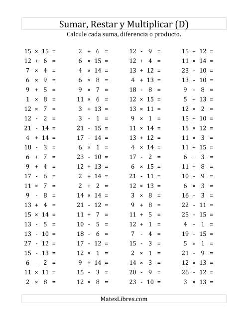La hoja de ejercicios de 100 Preguntas Horizontales de Suma, Resta y Multiplicación (de 1 a 15) (D)