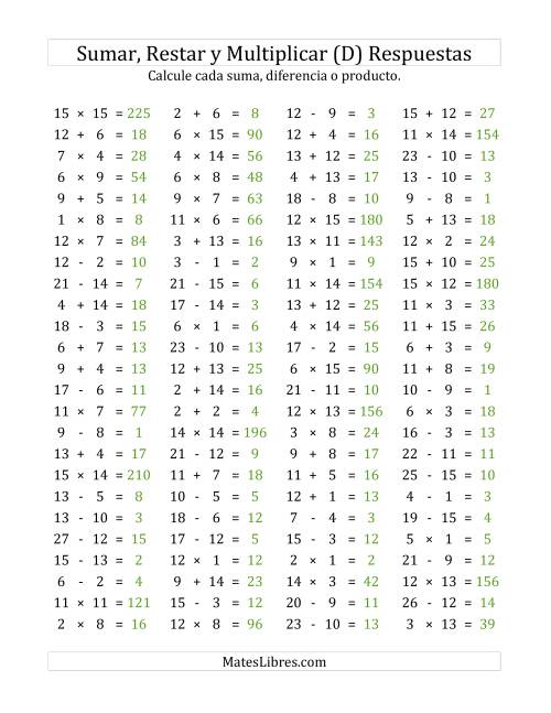 La hoja de ejercicios de 100 Preguntas Horizontales de Suma, Resta y Multiplicación (de 1 a 15) (D) Página 2