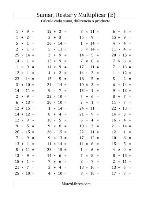 La hoja de ejercicios de 100 Preguntas Horizontales de Suma, Resta y Multiplicación (de 1 a 15) (E)